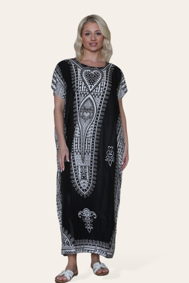 Wholesaler Sumel - Casual V-Neck Kaftan Long Dress with Ethnic Print ref-C-1501
