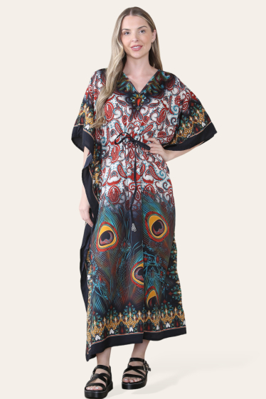 Großhändler Sumel - Langes Kleid (Kaftan) für Damen, Pfauenfeder-Druckmuster REF-1065L