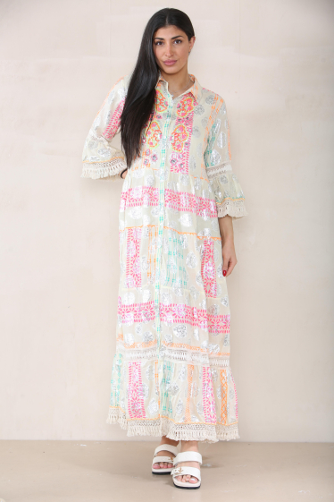 Wholesaler Sumel - Long Dress, Buttoned Collar, Round Beads, Embroidery, Silver, Sleeves SY- 47