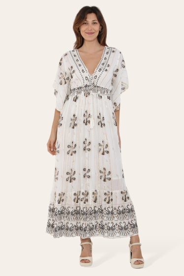 Wholesaler Sumel - Long dress, embroidered V-neck, floral pattern, elastic and drawstring - 2418