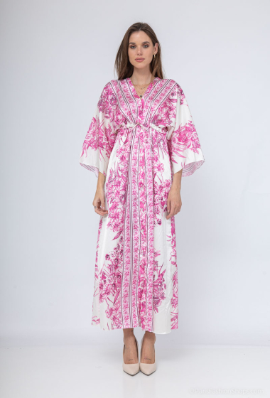 Grossiste Sumel - Robe longue, col en V, cordon de serrage réglable, bouton motif floral Ref-23593