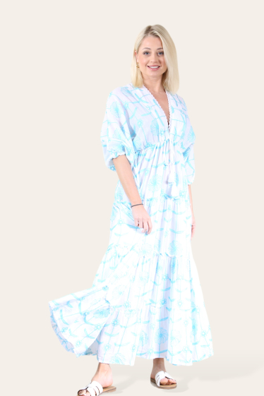Wholesaler Sumel - Long dress, V neck, flower embroidered print, plain bottom 3/4 sleeves, Ref-1303