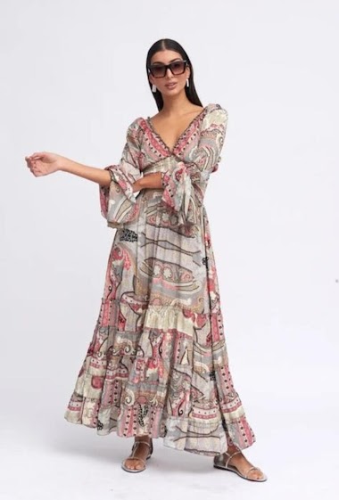 Grossiste Sumel - Robe longue Col en V imprime floral colore manches evasees style ethnique AN759