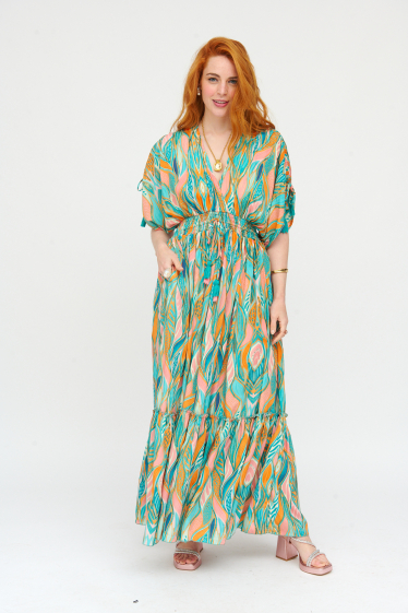 Großhändler Sumel - Langes Kleid, V-Ausschnitt, sequentielles Muster, elastischer Bund, Tasche AN24600