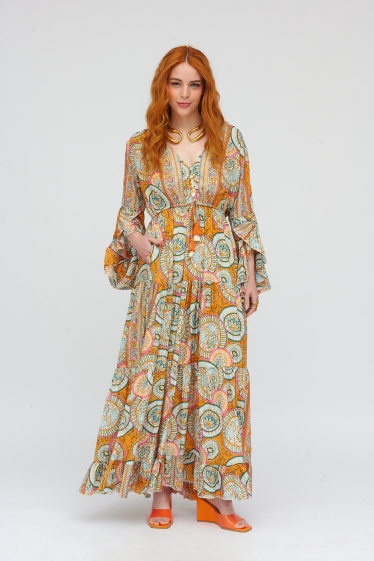 Wholesaler Sumel - Long dress, V neck, gold floral pattern, buttoned style with pockets Ref-AN24644