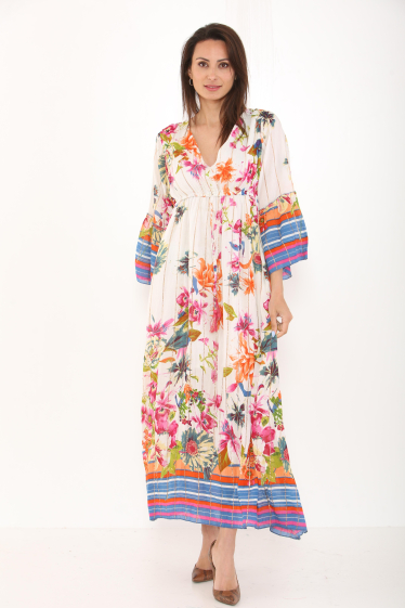 Grossiste Sumel - Robe longue, col en V, motif floral, manches longues bouffantes, fleurie. -6024