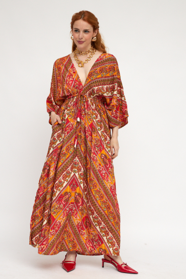 Grossiste Sumel - Robe longue, col et dos en V, imprimé floral, cordon de serrage AN24672