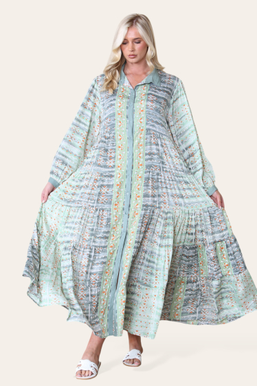 Großhändler Sumel - Langes Kleid, Sequence-Kragen, geknöpftes Design, Langarmmuster -5006