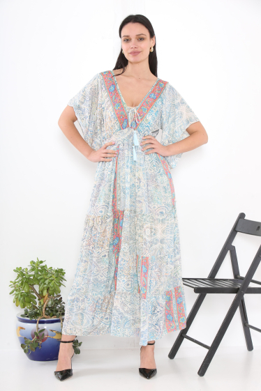Grossiste Sumel - Robe longue col V demi-manches fleuri couleur pastel imprimé tenue 22-371