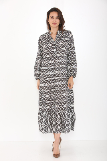 Wholesaler Sumel - Long dress, V-neck, Séquence design, long buttoned sleeves. REF-6033