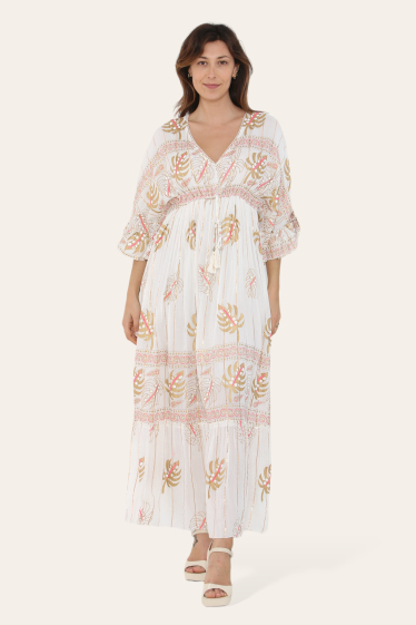 Wholesaler Sumel - Long dress, V-neck lace, floral pattern, gold leaf print, Ref-9555