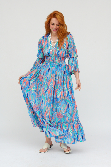 Wholesaler Sumel - Long dress, V-neck, sequence leaf print, buttoned design Ref- AN24606