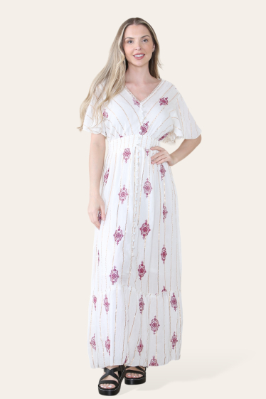 Wholesaler Sumel - Long dress, V-neck, embroidered flounce, short sleeves Floral pattern Ref -9561