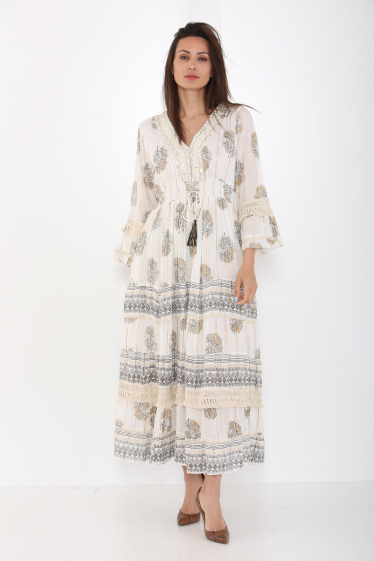 Wholesaler Sumel - Long dress, V-neck, embroidered flounce, long sleeves Floral pattern Ref -9538