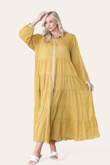 Großhändler Sumel - Langes Kleid, solide Eleganz, Button-Down-Kragen, Ärmelmuster-5012