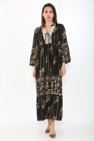 Wholesaler Sumel - Long Dress, Lace V-Neck Long Sleeves, Floral Print Golden Lines -9568