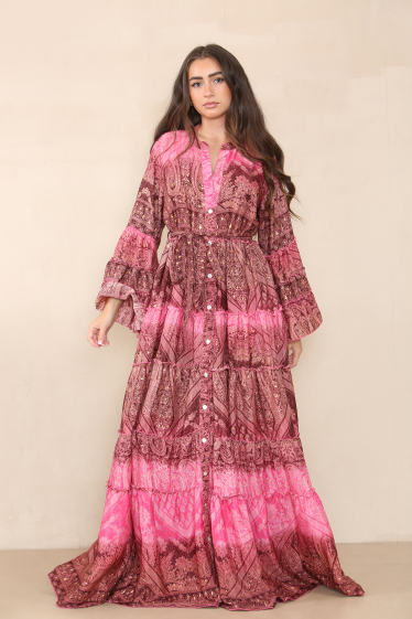 Großhändler Sumel - Cosmic Design langes Kleid mit Knopf und Puffärmeln, schöne Farbe, Ref. MK 109