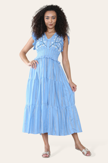 Wholesaler Sumel - Elegant Embroidered Sleeveless V Neck Off Shoulder Long Dress Ref-5041