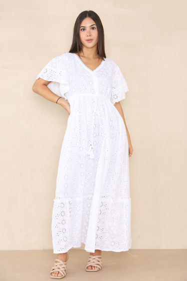 Wholesaler Sumel - Long cotton dress with circle lace work, short sleeve ref 23-2004