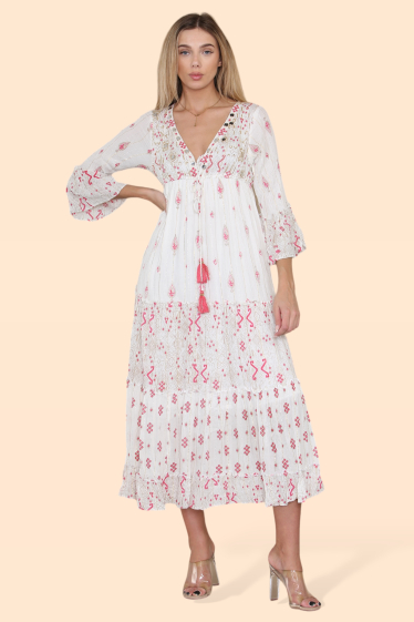 Wholesaler Sumel - Women's long dress with V-neck and long sleeves, Mirror Dagger pattern (ref 21010)
