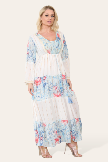 Wholesaler Sumel - Women's long dress with tropical floral pattern, long sleeves and V-neck 9531