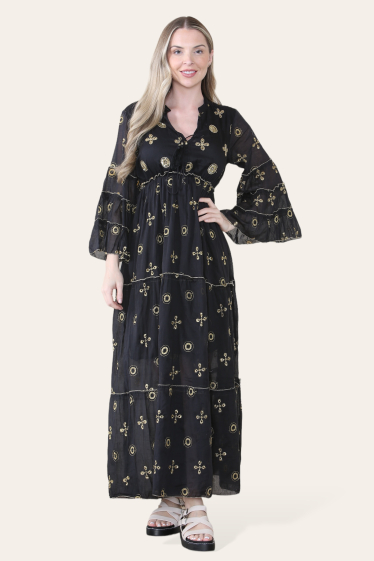 Grossiste Sumel - Robe longue femme, col V, motif ethnique, design pailleté, matière coton-2511