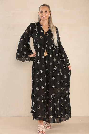 Grossiste Sumel - Robe longue femme, col V, motif ethnique, design pailleté, matière coton-2511
