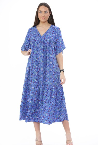 Großhändler Sumel - Langes Kleid FLEUR mit V-Ausschnitt bedruckt mit blumigem AMYDUS REF-074