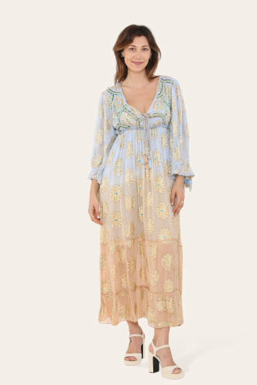 Wholesaler Sumel - Long two-tone gold flower dress with majestic massive embroidery work ref 6145