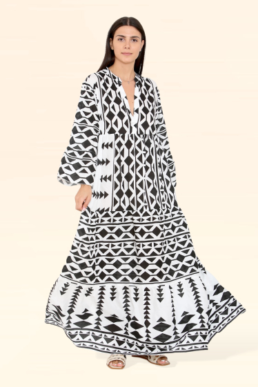 Wholesaler Sumel - Long Dress Printed ARROW LOSANGE Long Sleeve V-Neck REF- 5001