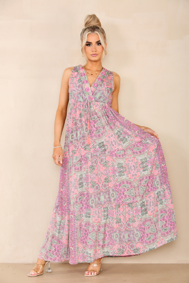 Mayorista Sumel - Langes Kleid mit Blumendruck, V-Ausschnitt und Mosaikmuster für Damen 23-595