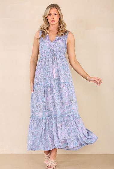 Mayorista Sumel - Langes Kleid mit Blumendruck, V-Ausschnitt und Mosaikmuster für Damen 23-595