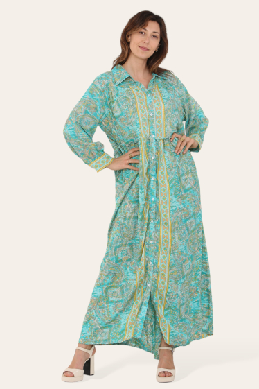 Wholesaler Sumel - Long dress, bohemian floral print, button-down collar style, long sleeves-5130