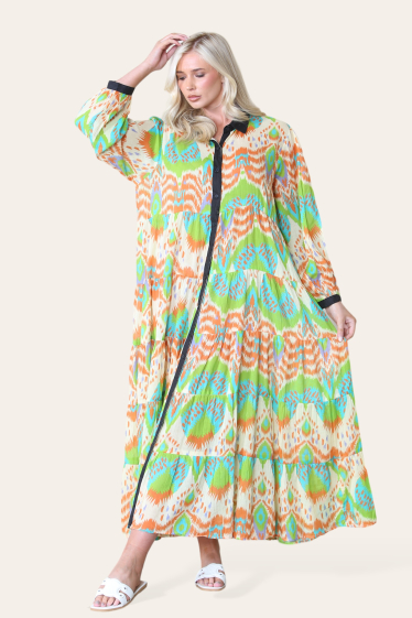 Grossiste Sumel - Robe longue, imprimé floral, corsage ajusté avec décolleté en V, REF-5008