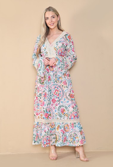 Großhändler Sumel - Langes Robenkleid mit Blumendruck und Spitzenverzierung