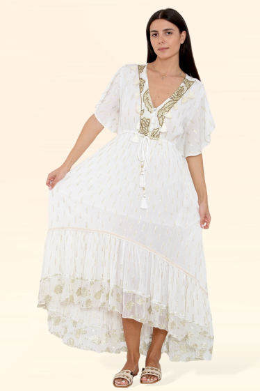 Wholesaler Sumel - Long dress short sleeve SUBTILE DORÉ edition cord hanging pompom ref 2204