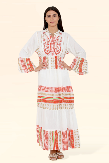 Wholesaler Sumel - LONG SLEEVED SAILBOAT FOLKLORE DRESS WITH FEATHER PATTERN REF- 9131