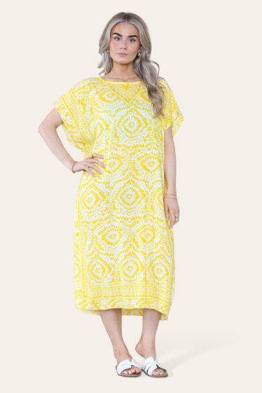 Großhändler Sumel - Mittellanges langes Kleid mit V-Ausschnitt und Batikdruck Ref-7006