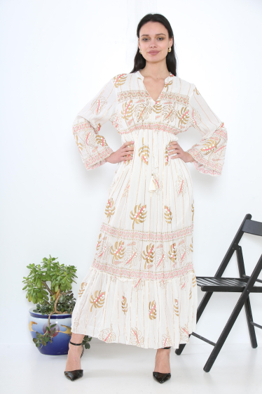 Wholesaler Sumel - Long dress with golden leaf pattern, touch of bohemian embroidery ref 9554
