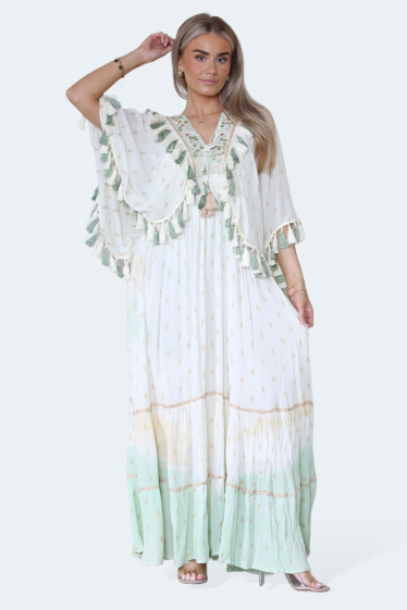 Grossiste Sumel - Robe longue, motif floral pailleté brodé sur dentelle col V Manches-3030T D