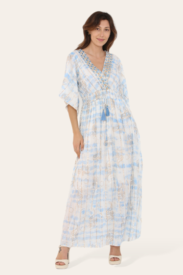 Wholesaler Sumel - Long dress, embroidered round mirror pattern, V-neck floral ombré dress, Ref-2429