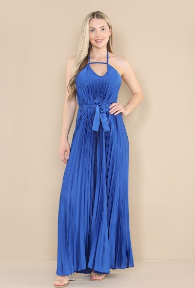 Großhändler Sumel - Kleid V-ausschnitt plissiert lang mit voluminösen trendträgern ne22093w