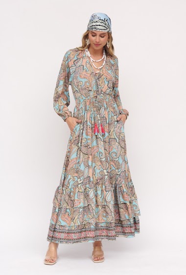Wholesaler Sumel - Dress Long feather embellished with a succession of leaves on a colored background ref AN736