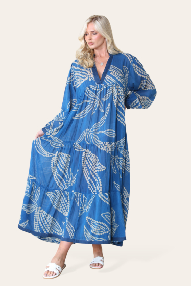 Großhändler Sumel - Langes Kleid, Blumenkleid mit V-Ausschnitt, Design, Langarmmuster Ref-5010