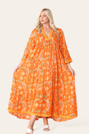 Großhändler Sumel - Langes Kleid, florales Kleid mit V-Ausschnitt, Design, Langarmmuster Ref-5011