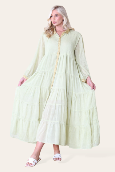 Großhändler Sumel - Langes Kleid, einfarbiges, fließendes Kleid, Button-Down-Kragen, Muster REF-5009