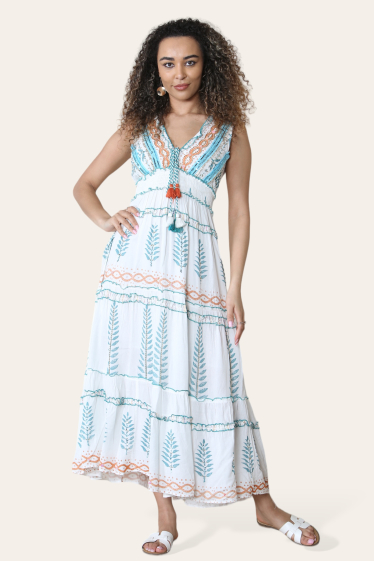 Wholesaler Sumel - Long sleeveless cotton v-neck dress with cord cedar leaf pattern ref AN24103