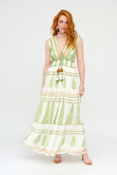 Wholesaler Sumel - Long sleeveless cotton v-neck dress with cord cedar leaf pattern ref AN24103