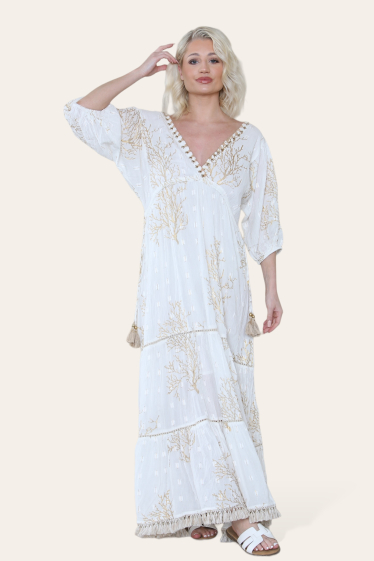 Wholesaler Sumel - Long bohemian style dress, V neck, gold sequined pattern, low bodice REF- 4006