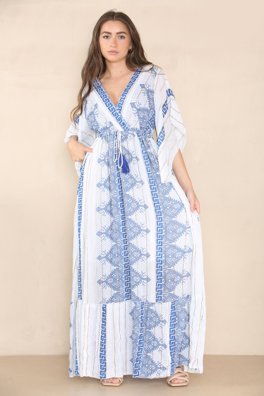 Wholesaler Sumel - Short sleeve dress v-neck embroidery cord print summer Aztec border ref 6067